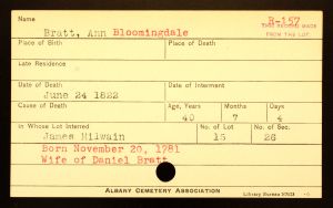 Bratt, Ann (Bloomindale) - Menands Cemetery Burial Card Bratt, Ann (Bloomindale) - Menands Cemetery Burial Card