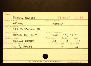 Bratt, Marion - Menands Cemetery Burial Card Bratt, Marion - Menands Cemetery Burial Card