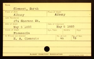 Bratt, Sarah (Clement) - Menands Cemetery Burial Card Bratt, Sarah (Clement) - Menands Cemetery Burial Card